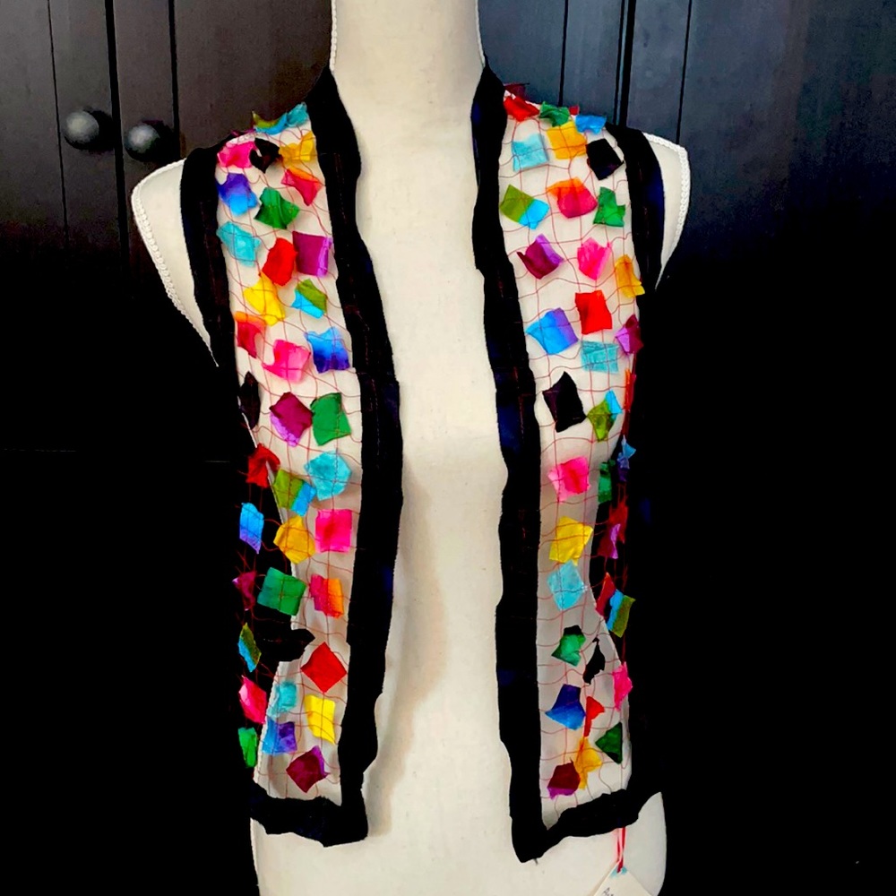Contemporary silk scarf; multicolored blocks, red twisted thread, & black border